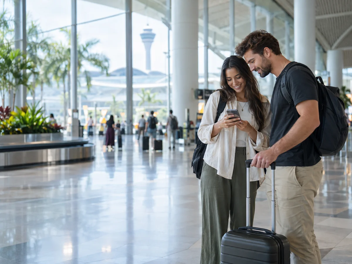 Traveler ready for departure with a Malaysia Digital Arrival Card confirmation